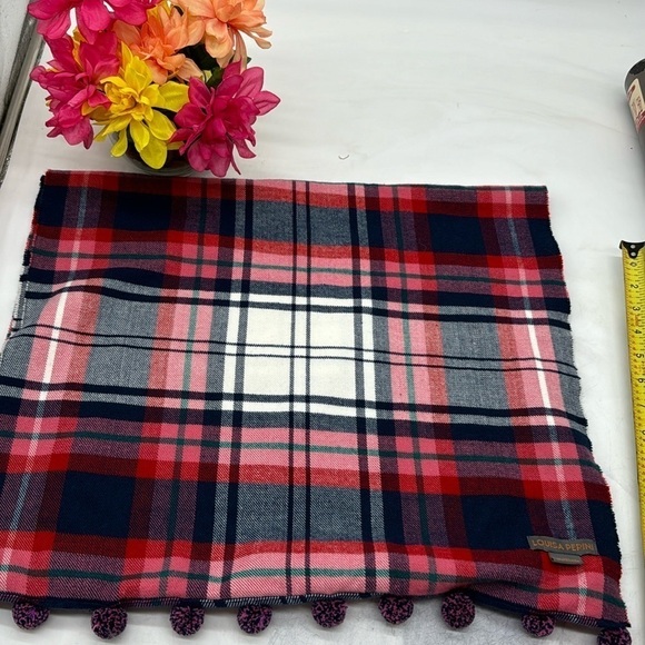 Louisa Pepini Red White Blue Plaid Scarf with pom Pom Tassels